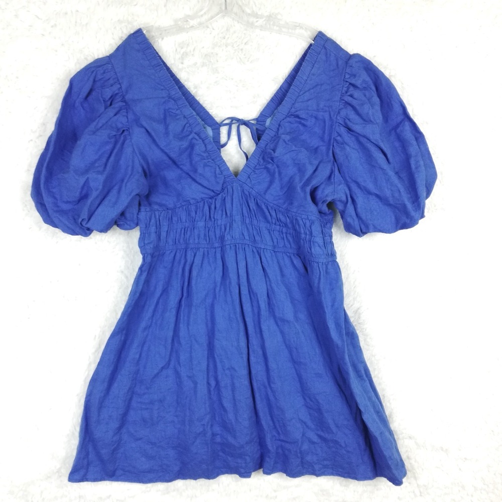 Amalie Womens Mini Dress Linen Puff Sleeve Blue Plunge Neckline Plus 16